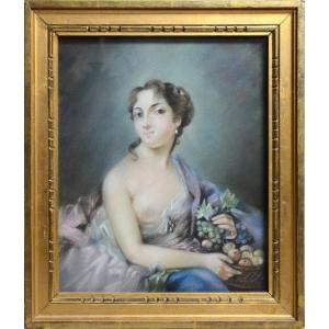 Rococo Portrait Nude Lady With Fruits Early 20th Century Pastel Drawing