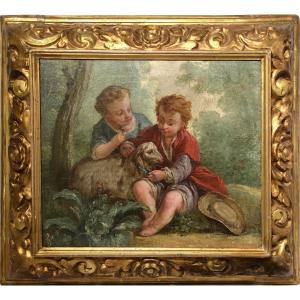 Children W Lamb Scene 18th Century Oil Painting By French Rococo Master