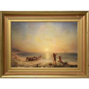 Smugglers At Algerian Coast 1871 Sunset Marine Scene Oil Painting By T. Gudin