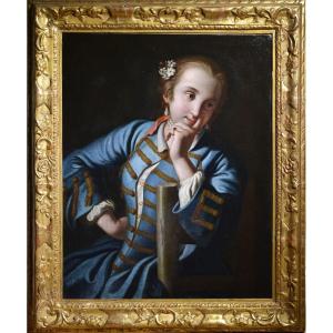 Portrait Of Languid Girl In Blue Camisole 18th Century Italian Rococo Master