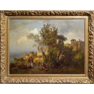 Evening On River German Master Caucasian Panoramic Landscape 19th Century