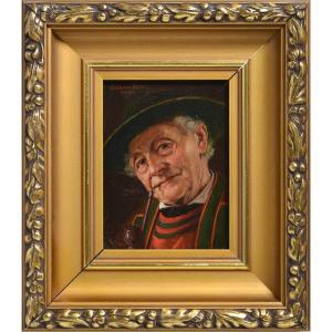 Cheerful Old Man Portrait By Geman Genre Master Otto Kirchner Signed Framed