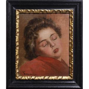 Portrait Sleeping Girl By Danish German Genre Painting Master 19th Century