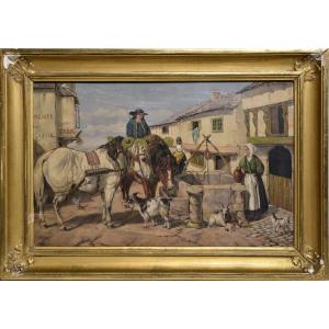 Daytime Watering Hole At Well In French Village 19th Century Oil Painting