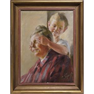 Hide N Seek Home Scene W Grandma Russian Early 20th Century Oil Genre Painting