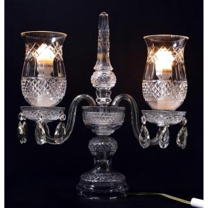 Vintage Crystal Candelabra Double Hurricane Lamp Baccarat Style 20th Century