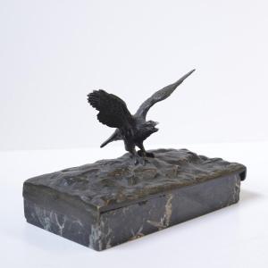 Antique Marble Paperweight With Figural Bronze Bird Of Prey 19th Century