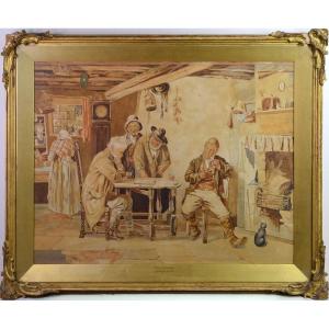 Draught Players Large Interior Genre Scene 19th Century Irish Watercolor Painting