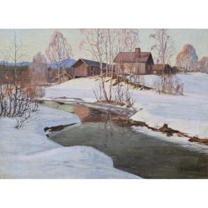 Pink Sunset On River Winter Village Landscape Early 20th Century Oil Painting
