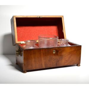 Mahogany Tea Caddy Wooden Casket Box W Antique Glass Empire Early 19th Century