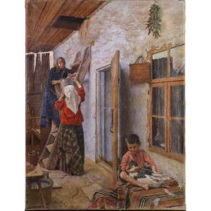 Lovely Farm House Scene By Russian Master Bershadsky 1895 Genre Oil Painting