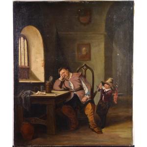 Old Times House Interior Scene With Naughty Boy 19th Century Genre Oil Painting