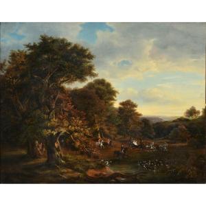 Crowded Hunting Scene In Wooded Landscape 19th Century Oil Painting Signed