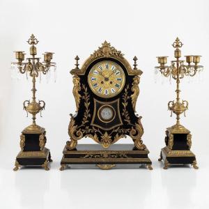 Louis XV Antique Boulle Clock Set Black Wood And Gild Bronze 19th Century