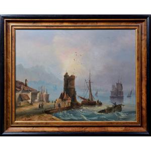 18th Century Antique Oil Painting Coastal Harbor Scene With Towers Old Master