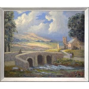Vintage 1956 British Impressionist Landscape Oil Painting Stone Bridge River