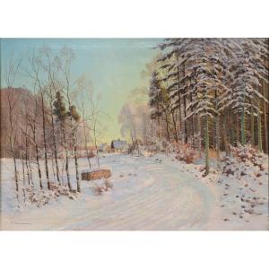 20th Century Large Scandinavian Winter Forest Road Landscape Oil Painting Signed