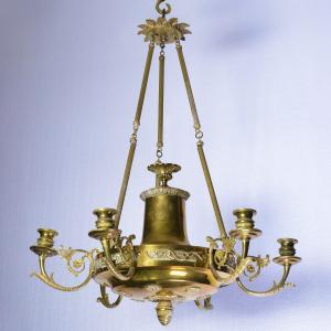 Antique 19th Century Empire Gilt Bronze Six Light Chandelier Floral Decoration