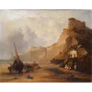 19th Century Oil Painting Sussex Coast Fishermen Returning Maritime Scene