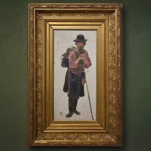 Rare 19th Century Russian Oil Portrait Bearded Man With Staff Signed Gilt Frame
