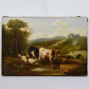 After Eugene Verboeckhoven Antique Belgian Pastoral Oil Painting Passing Brook