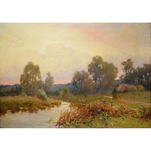Antique Victorian Countryside Oil Landscape Sunset On River Scene 1890s Signed