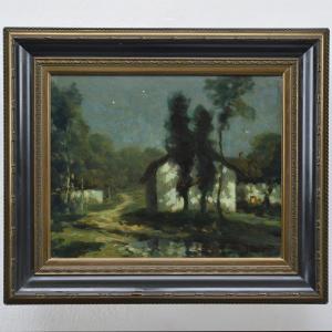 Early 20th Century French Moonlit Village Oil On Panel Savoie Night Signed