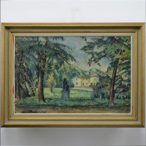 1915 Original Swedish Post Impressionist Oil Painting Park Scene Framed Signed