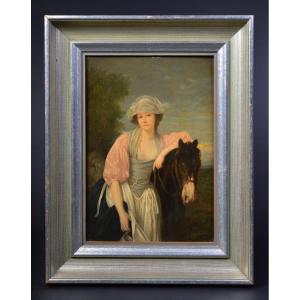 Mid 19th Century After Greuze Portrait Of Milkmaid Oil Painting On Panel Framed