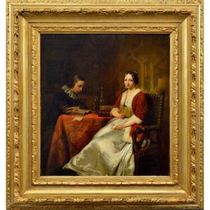 19th Century Antique Dutch Oil Painting Interior Scene Couple Reading Framed