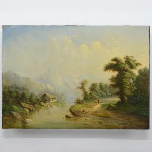 1880 Original Romantic Pastoral Oil Painting Alpine River With Watermill Signed