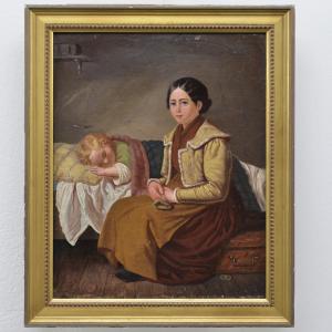1858 Swedish Oil Painting Tender Family Scene Mother And Sleeping Child Framed