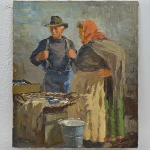 Antique 1920s Danish Realist Oil Painting Fish Market Scene Copenhagen Signed