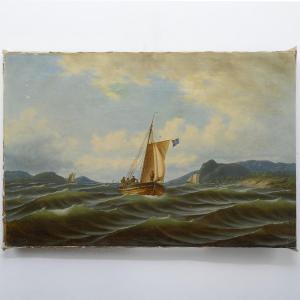 1857 Swedish Romantic Oil Seascape Sailing Fishing Boats Signed By Marcus Larson