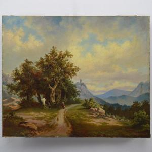 1869 Romantic Alpine Landscape Oil Painting Monk Meeting At Wayside Cross Signed