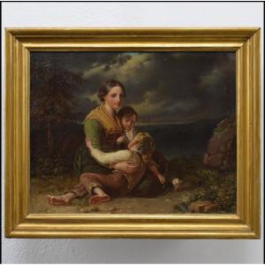 19th Century Antique Swedish Romantic Oil Painting Family Portrait Framed