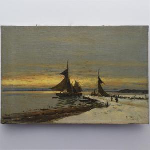 19th Century Impressionist Manner Oil Seascape Winter Sunset Harbor Scene Signed