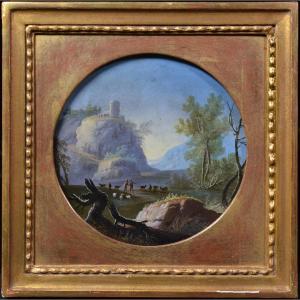 18th Century French Rococo Miniature Oil On Copper Pastoral Scene Signed