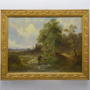 Late 19th Century European Summer Pastoral Landscape Oil Painting Gilded Frame