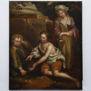17th Century Old Master Baroque Genre Scene Oil On Canvas Street Dice Players