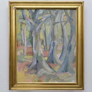 Carl Berndtsson Swedish Modernist Forest Landscape 20th C Oil Painting Framed