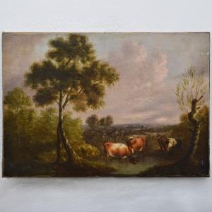 18th Century Antique Pastoral Landscape Cows Watering Hole Original Oil Canvas