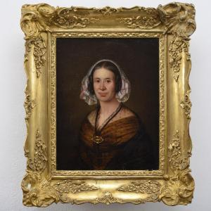 Original Mid 19th Century Swedish Academic Oil Portrait Lady In Bonnet Framed