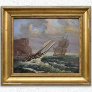Antique Late 19th Century Romantic Seascape Sailboats In Storm Oil Panel Framed