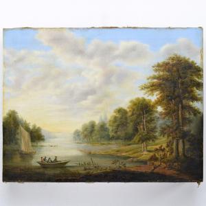 Original 19th Century Empire European Romantic River Landscape Boats Oil Canvas