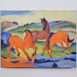 Mid 20th Century After Franz Marc German Expressionism Red Horses Oil Canvas