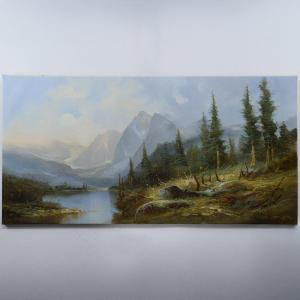 Large Mid 20th Century Austrian Panoramic Alpine Landscape Oil Painting J Kugler