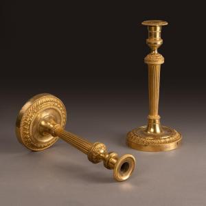 Paris, Circa 1800 - Pair Of Large Candlesticks, Ormolu Torches - Galle Or Ravrio