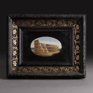 Roman Work, Circa 1860 - Large Micro Mosaic Of The Colosseum With Blackened Wood And Brass Fram