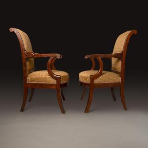 Pair Of Empire Period Officer's Armchairs - Mahogany And Silk Damask